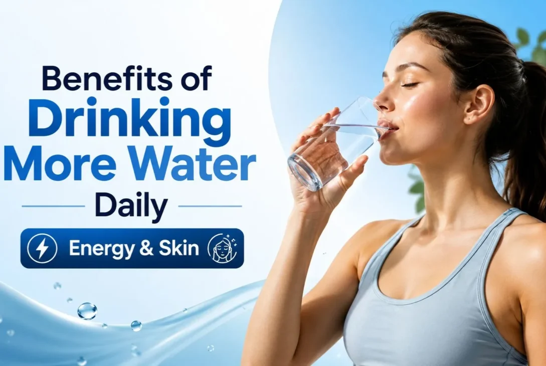 Woman drinking a glass of water to experience the benefits of drinking more water daily