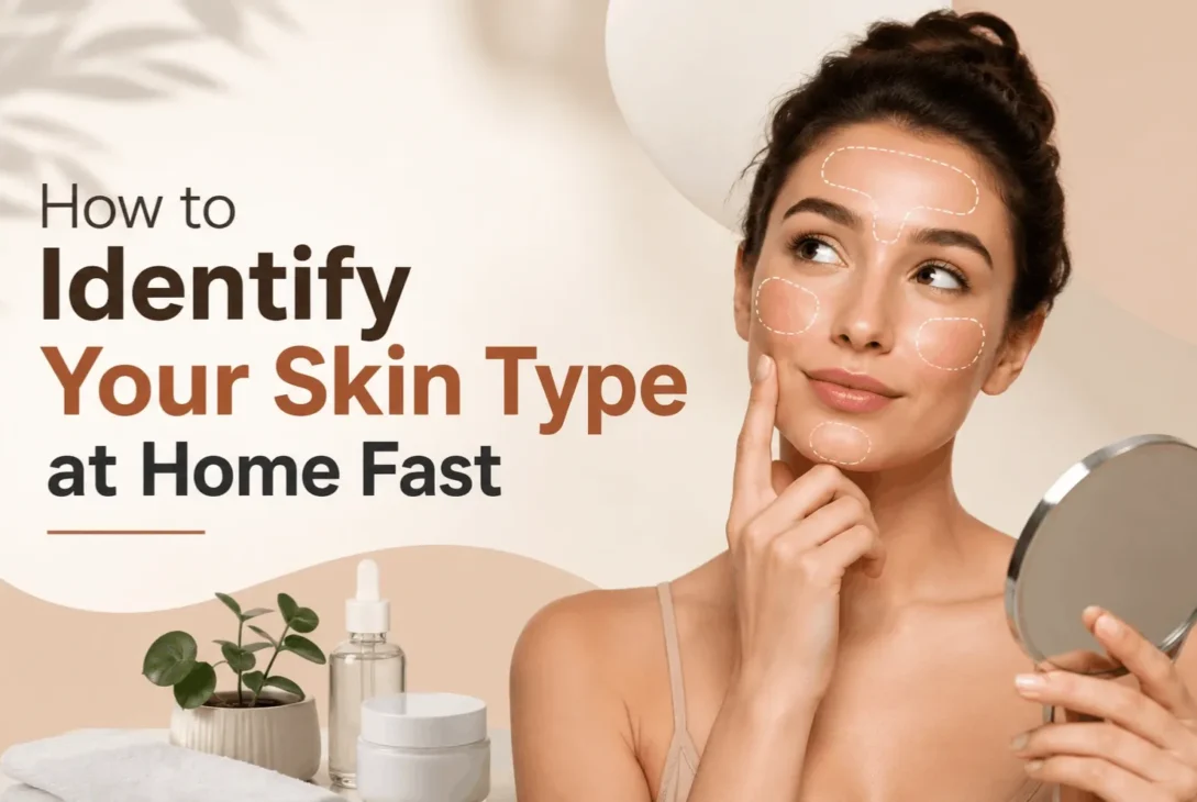 Young woman examining her face in a bathroom mirror to identify her skin type at home
